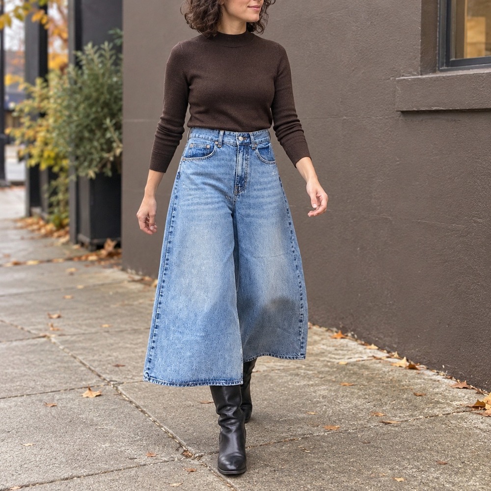 Zara Z1975 High Rise Culotte Jeans Wide Leg Cropped Light Wash Blue Denim Size 4